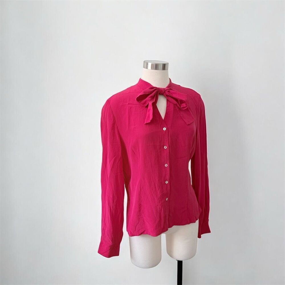Sunny Leigh Silk Red Secretary Neck Tie Blouse Top L Bell Sleeve
